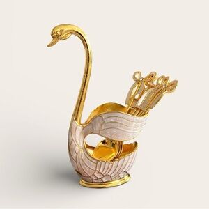 Gold and Cream Swan Coffee Stirrer Holder with Five Spoons